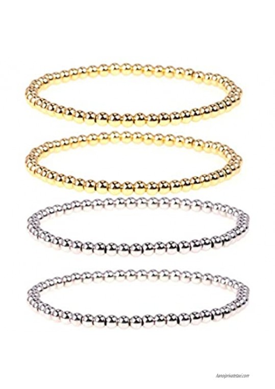 4Pcs Copper Beaded Stretch Bracelet Set Ball Beads Stacking Elastic Brass Bead Ball Stretch Bracelet Bangle for Women Men
