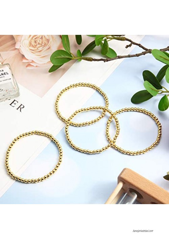 8 Pieces Gold Beaded Bracelets Gold Plated Classic Elegant Copper Bead Ball Bracelet Stackable Stretchable Elastic Bracelet for Women Men 4mm