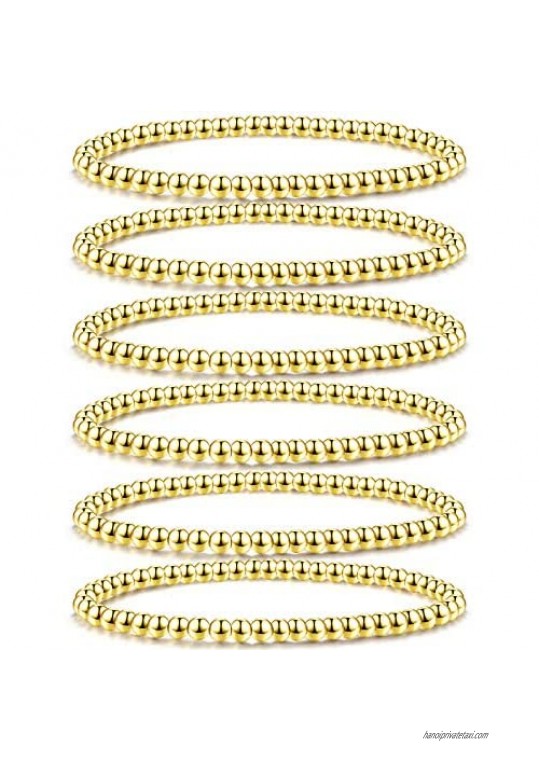 8 Pieces Gold Beaded Bracelets Gold Plated Classic Elegant Copper Bead Ball Bracelet Stackable Stretchable Elastic Bracelet for Women Men  4mm