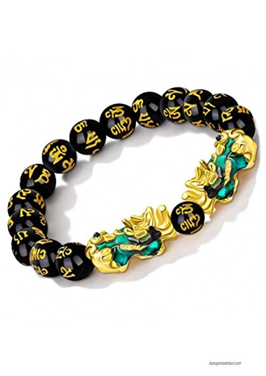 Auagcu Feng Shui Pi Xiu Black Obsidian Wealth Bracelet 10MM Beads Pi Yao Color Change Bracelet and Necklace Set