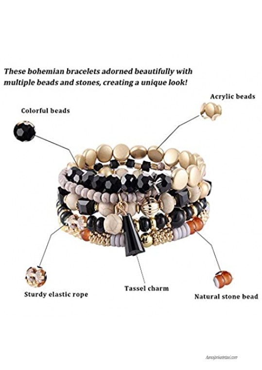 CASSIECA 4 Sets Bohemian Stackable Bead Bracelets for Women Multilayer Stretch Beaded Bracelets Set Multicolor Boho Bracelets Jewelry Sets for Women