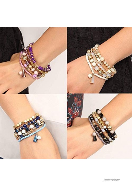CASSIECA 4 Sets Bohemian Stackable Bead Bracelets for Women Multilayer Stretch Beaded Bracelets Set Multicolor Boho Bracelets Jewelry Sets for Women