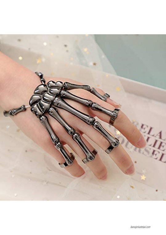 COLORFUL BLING Creative Halloween Skull Skeleton Hand Claw Stretch Bracelet with Ring Elastic Adjustable Cool Punk Halloween Party Costume Accessory Gift for Women Men Jewelry