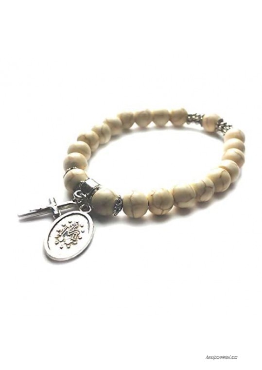 Cream Miraculous Medal Stone Bead Virgin Mary Bracelet for Women - Catholic Gifts