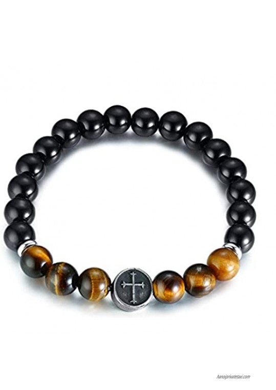 Cupimatch 10mm Cross Tiger Eye Stone Agate Strand Bracelets Onyx Natural Stone Elastic Beads Bangle Rosary Black