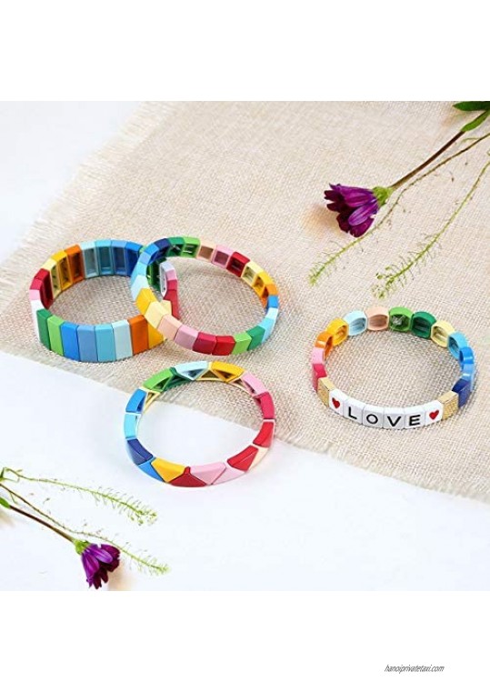 EnjoIt 4PCS Rainbow Tile Bracelets Set Multicolored Enamel Tile Bead Stretch Bracelets Rainbow Stackable Love Letter Beaded Strand Bracelets C2261