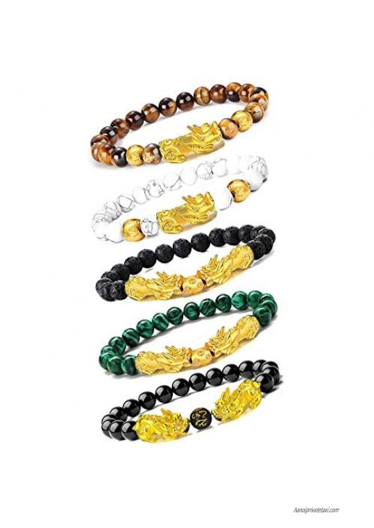 EVELICAL 5Pcs Feng Shui Bracelets for Women Men Beaded Pi Xiu Charm Lucky Fortune Black Obsidian Wealth Bracelet Adjustable Elastic