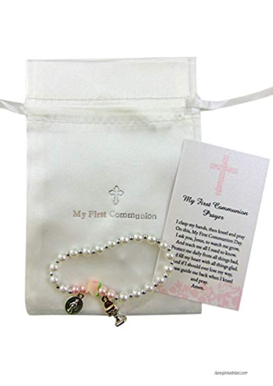 First Holy Communion Rose Stretch Bracelet with Prayer Card and Bag Gift Set