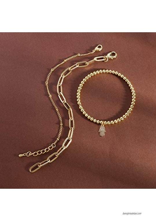 Gold Bracelets for Women Girls 14K Gold Plated Dainty Link Paperclip Choker Bracelet Stack Gold Small Ball Beads Bracelets Adjustable Layered Metal Link Bracelet