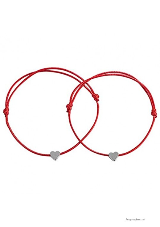 kelistom Simple Red Black String Silver Plated Heart Charm Bracelets for Women Men Teen Girls Boys Adjustable Wax Rope Bracelet Friendship Jewelry 2/6 Piece