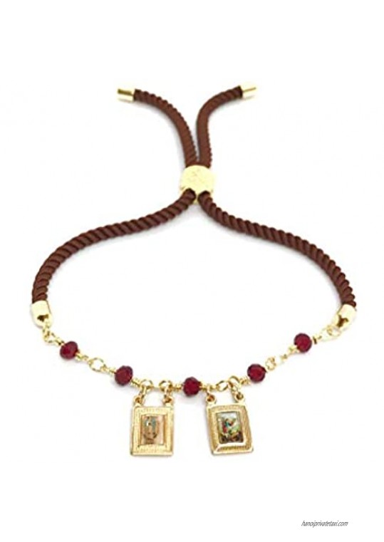 LESLIE BOULES Scapular Bracelet with Crystal Beads & Brown Satin Cord Adjustable