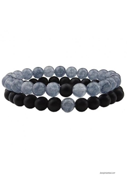 LIUANAN 2pcs/Set His/Hers Couples Bracelets Stretch Distance Bracelet for Girlfriend Boyfriend  Matte Agate Turquoise 8mm Beads Stone