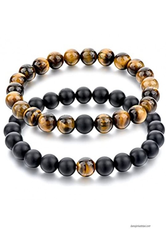 Long Way 2 pcs Black Matte Agate & Tiger Eye Gem Beads 8mm Double Matching Distance Bracelets 7.1"