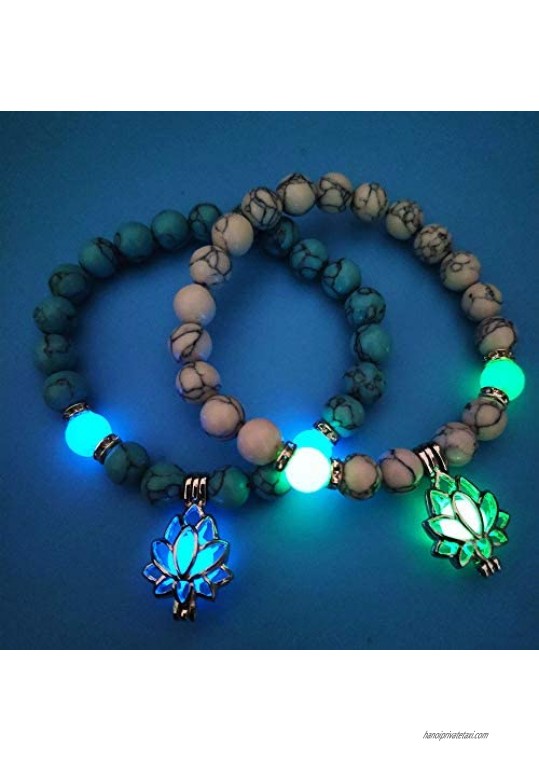 Luminous Glowing in The Dark Moon Lotus Flower Shaped Charm Bracelet for Women Natural Turquoise Stones Yoga Prayer Jewelry