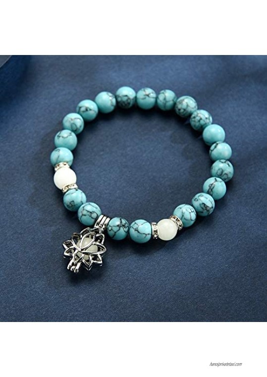 Luminous Glowing in The Dark Moon Lotus Flower Shaped Charm Bracelet for Women Natural Turquoise Stones Yoga Prayer Jewelry