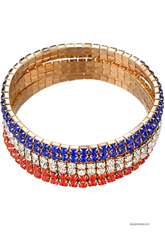 LUX ACCESSORIES Christmas Blue White Red Crystal Rhinestones Set (3pc) Gold Stretch Bracelet