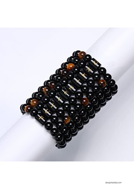 MAOCEN 26 Letter Men Women Bracelets 8mm 10mm Natural Black Onyx Tiger Eye Stone Beads Bracelet Lucky Blessing Beaded Fashion Jewelry