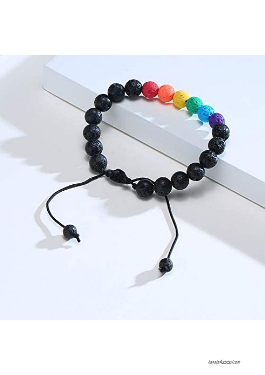 Nanafast 8mm Beaded 2Pcs Couple Rainbow LGBTQ Pride Bracelets for Gay & Lesbian White Turquoise/Lava Rock/Matte Agate LGBT Pride Braided Bracelet Jewelry Gift Adjustable