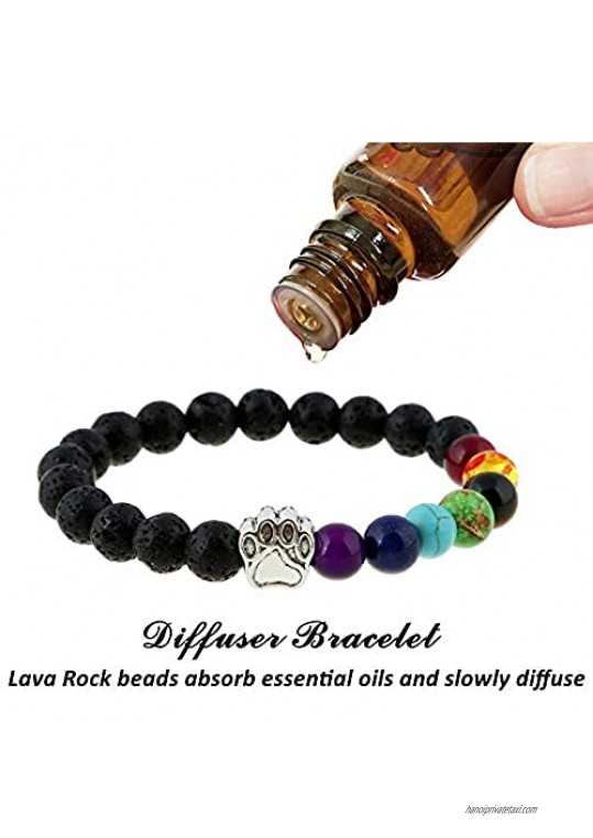 Natural Stone 7 Chakra Dog Paw Charm Lava Rock Mala Beads Elastic Bracelet Yoga Meditation Healing Bangle