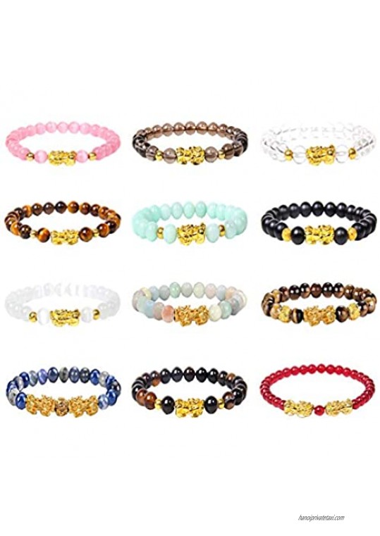 NEWITIN 12 Pieces Feng Shui Bracelets Lucky Charm Bracelet Lucky Charm Amulet Bracelet Pi Xiu Hand Carved Bracelet for Men and Women
