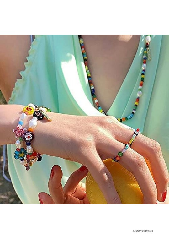 nylry Stretch Bracelets for Women Y2K Glass Stone Beaded Faux Pearl Bracelet Handmade Colorful Elastic Bead Flower Bracelet Boho Cute Summer Beach Friendship Jewelry Gift for Teen Girls