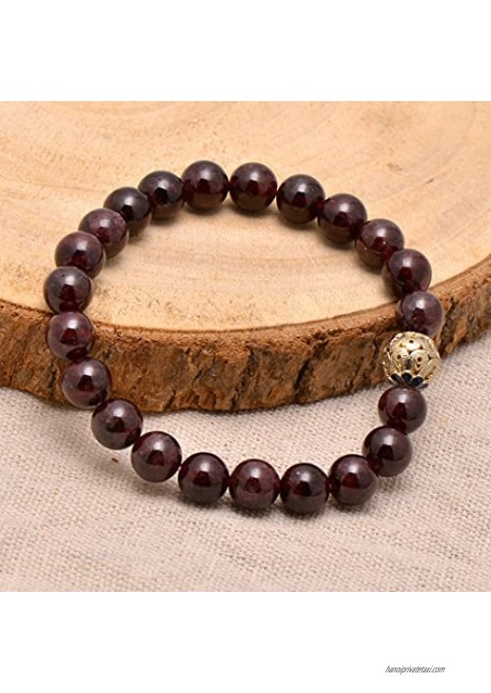 Paialco Jewelry 8MM Natural Garnet Gemstone Round Filigree Beads Stretch Bracelet