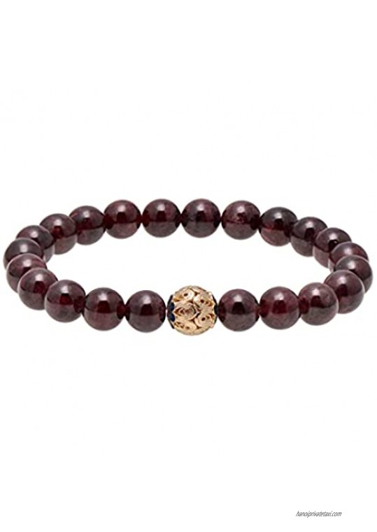 Paialco Jewelry 8MM Natural Garnet Gemstone Round Filigree Beads Stretch Bracelet