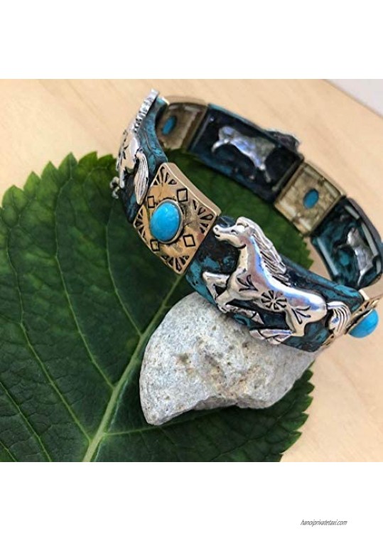 PammyJ Horse Bracelet Tri-Tone with Patina - Western Horse Stretch Bracelet for Teens and Women