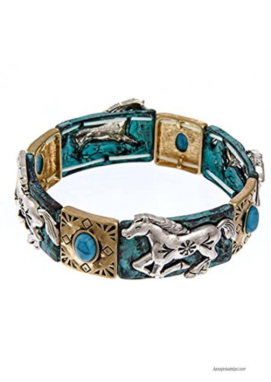 PammyJ Horse Bracelet Tri-Tone with Patina - Western Horse Stretch Bracelet for Teens and Women