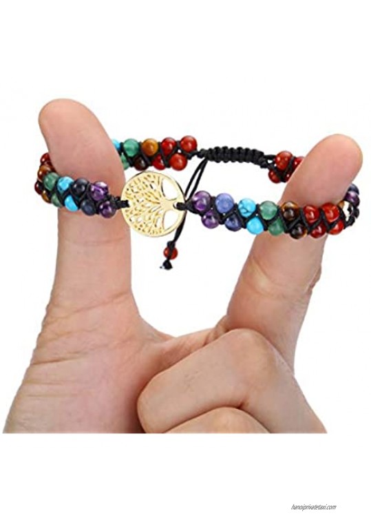 PESOENTH 7 Chakra Healing Crystal Bracelets Women Natural Gemstones Yoga Reiki Chakras Stone Beads Anxiety Tree of Life Lucky Charm Braided Bracelet Adjustable Jewellery