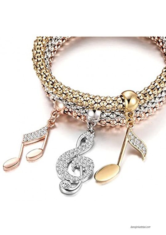 PORPI-JOJO 3PCS Gold Silver Rose Gold Tone Corn Chain Stretch Bracelets with Charms Multi Layer Bracelet for Women Girls