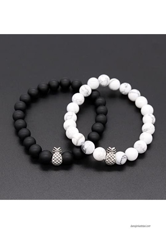 POSHFEEL Pineapple Charm Bracelets for Lovers Couple Black Matte Agate & White Howlite 8mm Beads Bracelet 7.6+7.2