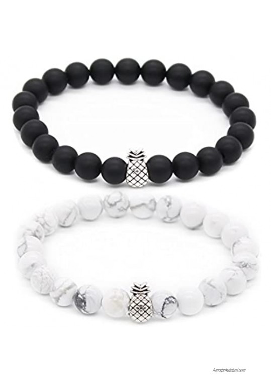POSHFEEL Pineapple Charm Bracelets for Lovers Couple Black Matte Agate & White Howlite 8mm Beads Bracelet 7.6+7.2