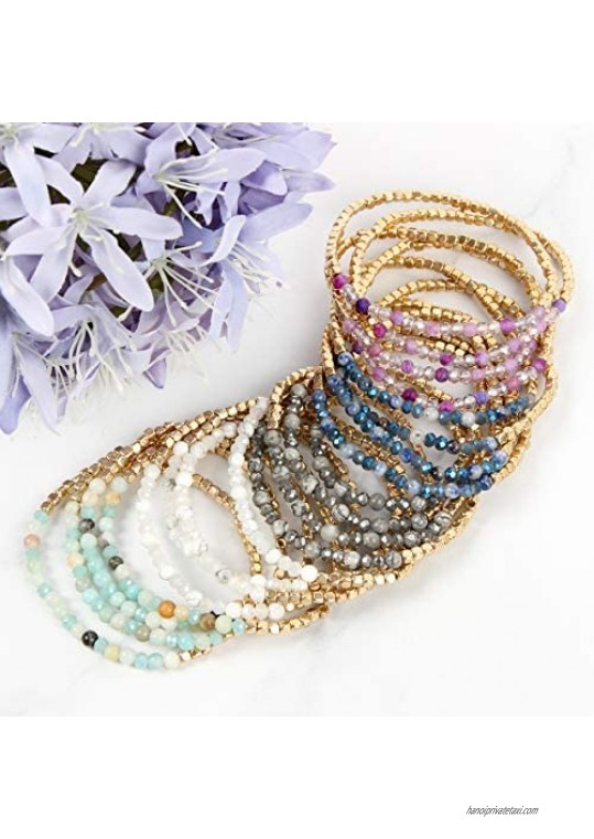 RIAH FASHION Delicate Boho Beaded Multi Layer Versatile Statement Bracelets - Stackable Stretch Strand Cuff Bangles Sparkly Crystal Natural Stone Tassel Charm