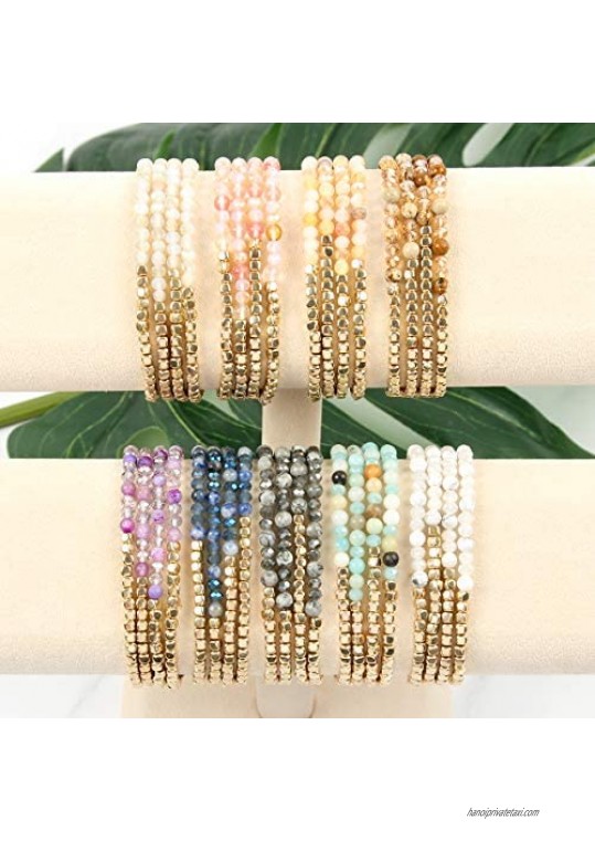 RIAH FASHION Delicate Boho Beaded Multi Layer Versatile Statement Bracelets - Stackable Stretch Strand Cuff Bangles Sparkly Crystal Natural Stone Tassel Charm