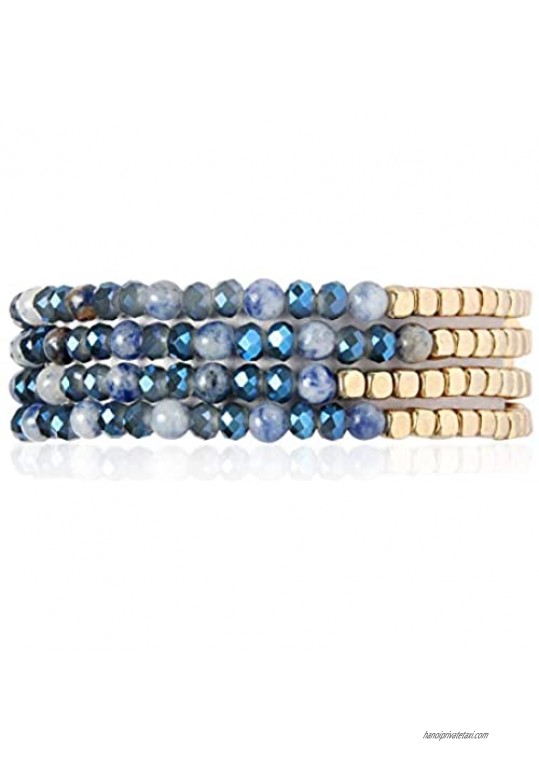 RIAH FASHION Delicate Boho Beaded Multi Layer Versatile Statement Bracelets - Stackable Stretch Strand Cuff Bangles Sparkly Crystal  Natural Stone  Tassel Charm