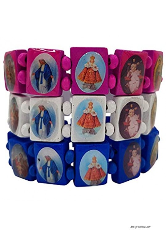 TALISMAN4U Catholic Saints Religious Bracelet Wood Beads Jesus Mary Angels Stretch Bracelets for Men Women White Blue Pink Color Set of 3 Pieces