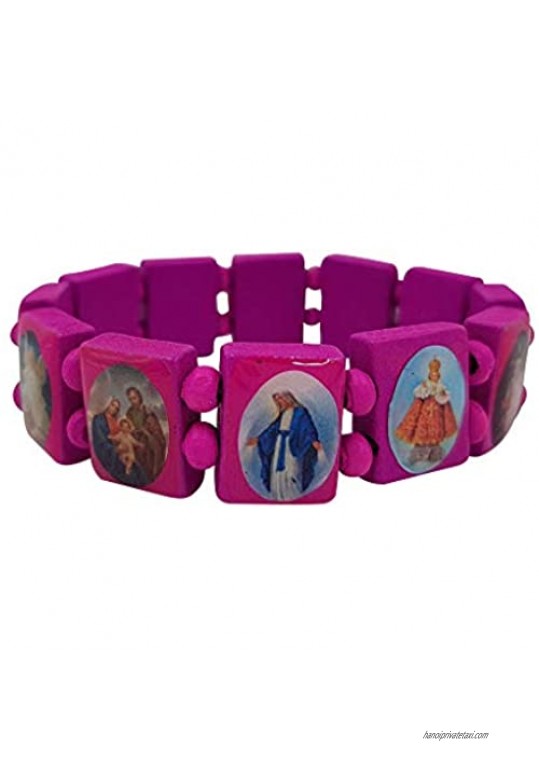 TALISMAN4U Catholic Saints Religious Bracelet Wood Beads Jesus Mary Angels Stretch Bracelets for Men Women White Blue Pink Color Set of 3 Pieces