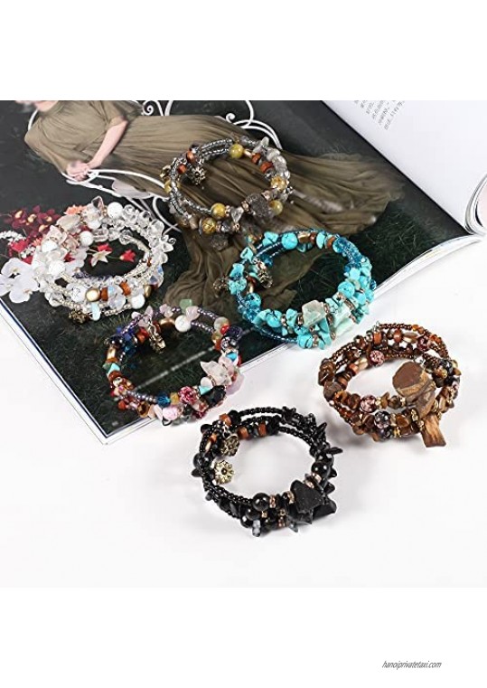 Twinfree Bohemian Bracelet Sets for Women - 6 Sets Stackable Stretch Bracelets Multi-Color Boho Jewelry for Women