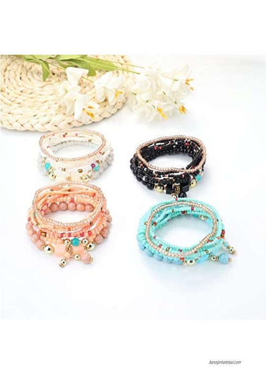 Udalyn 4 Sets Bohemian Stackable Bead Bracelets for Women Multilayered Stretch Beaded Bracelet Set Boho Bangles Multicolor Fashion Jewelry