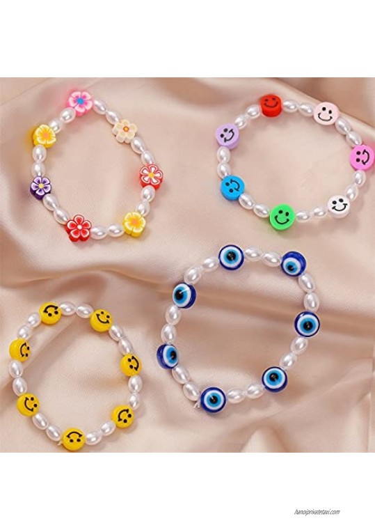 Y2k Bracelet Set Smiley Face Pearl Flower Evil Eye Kandi Y2k Handmade Cute Fun Aesthetic Stretch Bracelet for Women Girls 4PCS