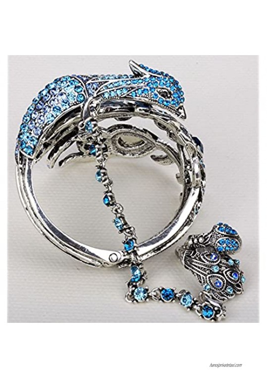 YACQ Women's Hinged Big Peacock Bracelet Slave Stretch Ring Set - Fit Wrist Size 6-1/2 to 7-1/2 Inch & Finger 7 to 9 - Lead Nickle Free - Halloween Costome Outfit