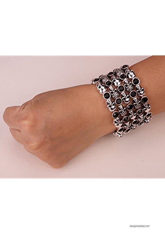 YACQ Women's Skull Stretch Cuff Bracelets - Elastic Band Fit Wrist 7 to 8 inch - Lead & Nickle Free - Women Biker Jewelry