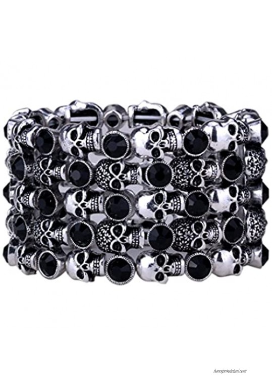 YACQ Women's Skull Stretch Cuff Bracelets - Elastic Band Fit Wrist 7 to 8 inch - Lead & Nickle Free - Women Biker Jewelry