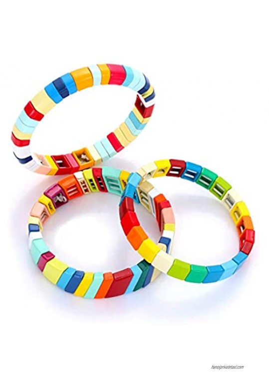 ZITULRY Enamel Tile Bracelet for Women Colorful Enamel Beaded Stretch Bracelet Stackable EnameledcTile Strand Bracelet Set