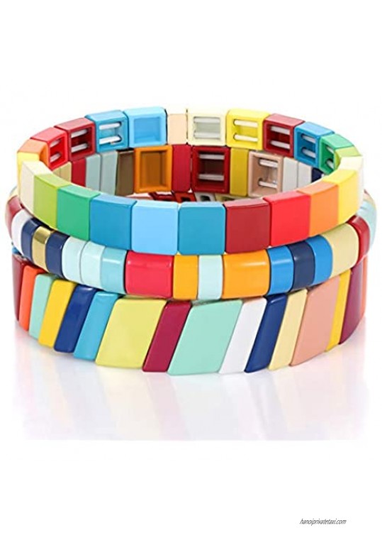 ZITULRY Enamel Tile Bracelet for Women Colorful Enamel Beaded Stretch Bracelet Stackable EnameledcTile Strand Bracelet Set