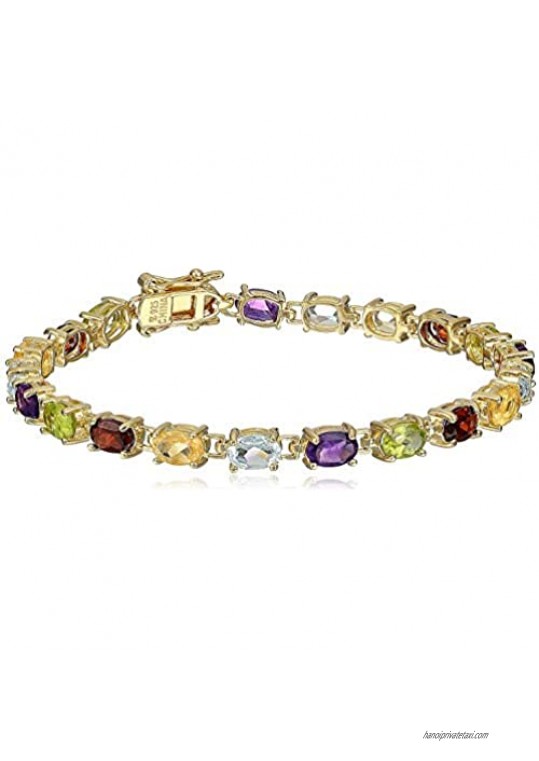 18K Yellow Gold-Plated .925 Sterling Silver Five-Tone Multicolor Genuine Gemstone Tennis Bracelet  7"