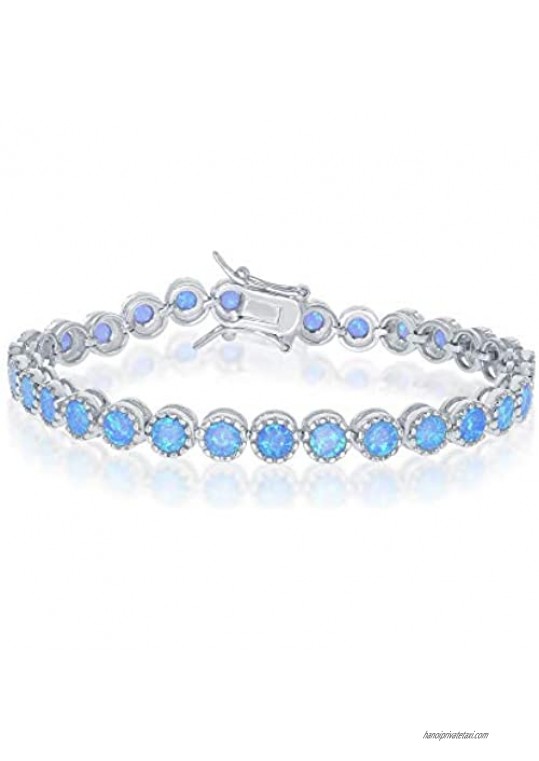 925 Sterling Silver Rhodium Plated 6mm Round White/Blue Created Opal With Beaded Border 7 Tennis Bracelet Including 6mm Round Created Blue Opal Stud Earrings Jewelry Set
