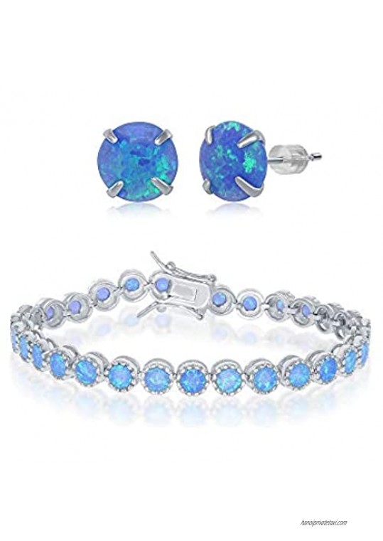 925 Sterling Silver Rhodium Plated 6mm Round White/Blue Created Opal With Beaded Border 7 Tennis Bracelet Including 6mm Round Created Blue Opal Stud Earrings Jewelry Set
