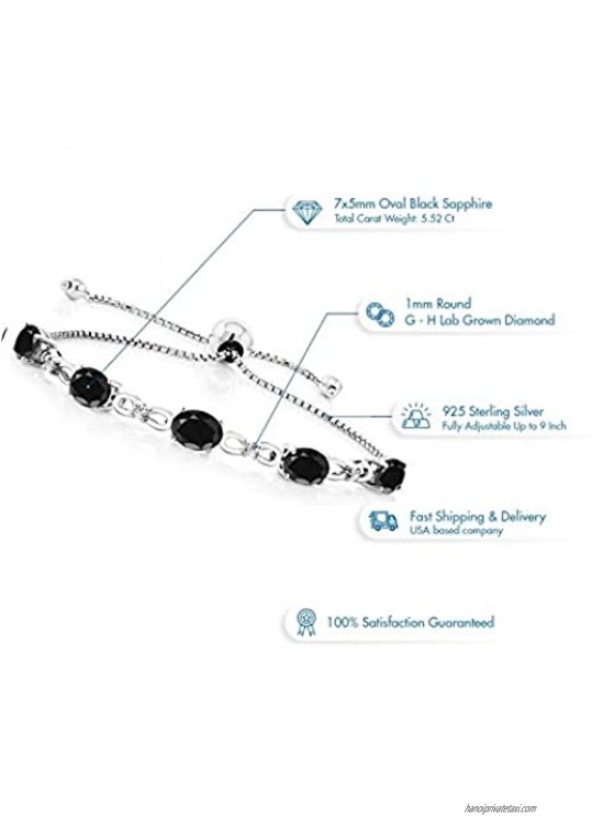 Gem Stone King 925 Sterling Silver Black Sapphire Women Adjustable Tennis Bracelet (5.52 Cttw Oval 7X5MM Adjustable up to 9 inches)